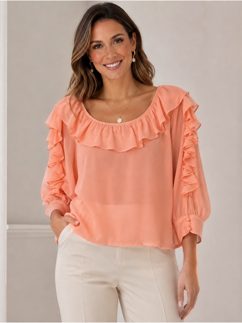 Elle Peach Coral Ruffle Chiffon Blouse 3/4 Sleeve Romantic Top Coquette Office